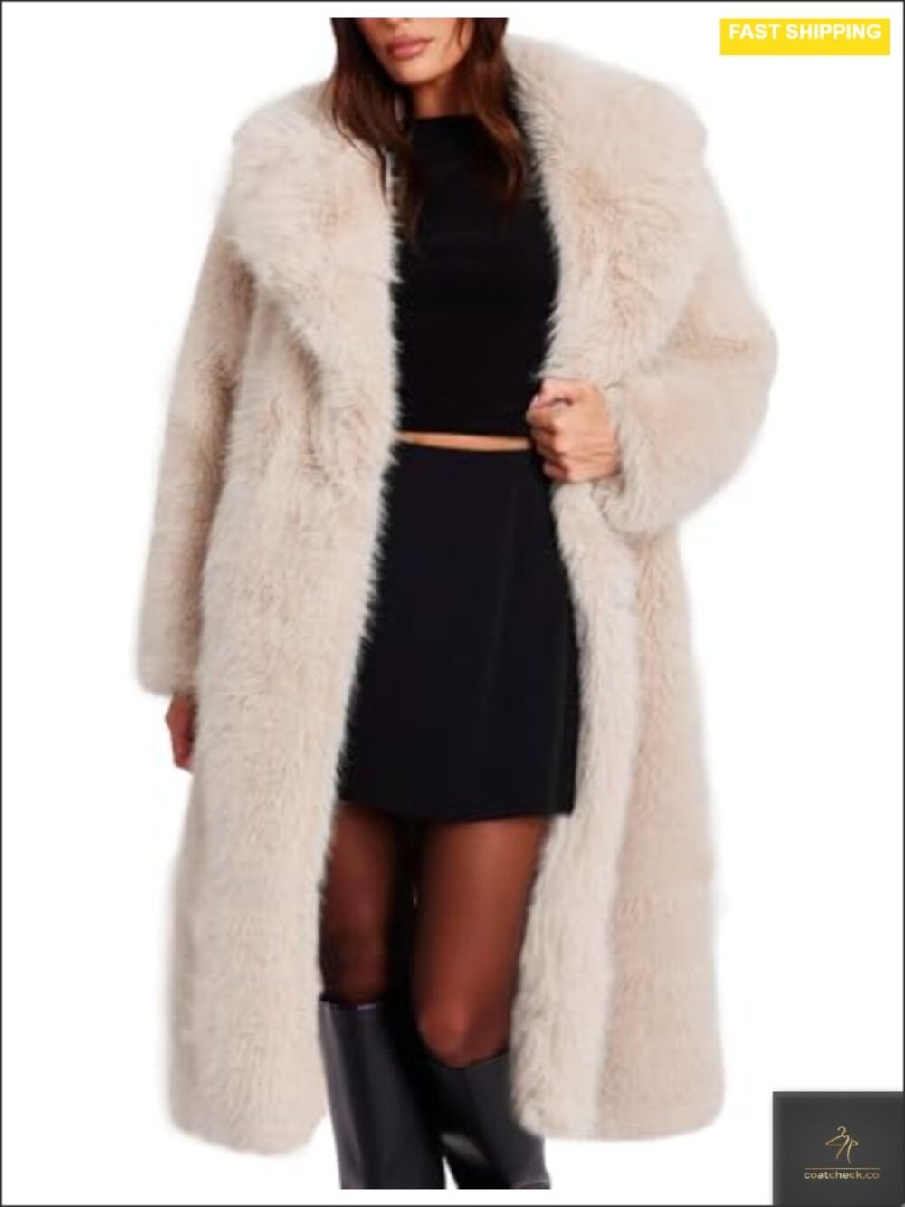 Long Faux Fur Coat Women Open Front Shawl Collar Maxi Jacket